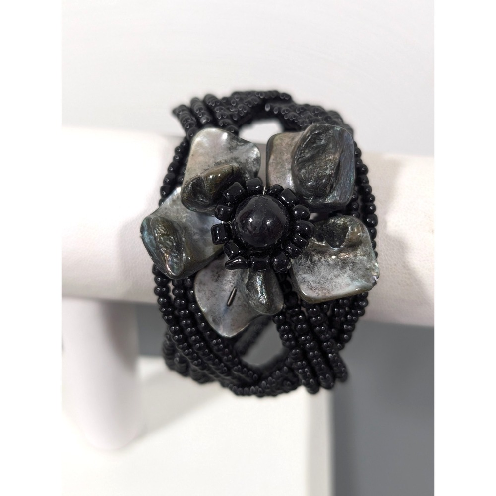 Beachy Boho Black Glass Braided Wide Shell Flower Cuff Bracelet‎ 6.5 in